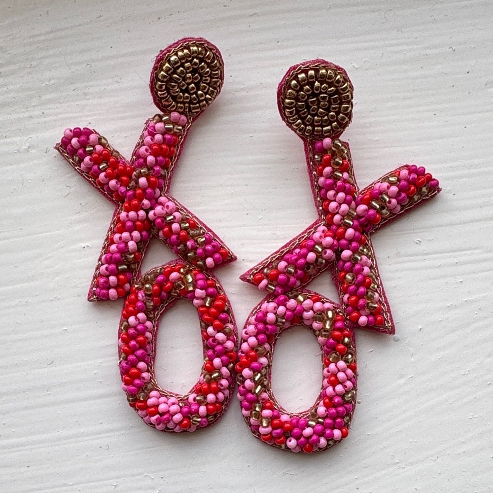 Pink , Red  and gold Beaded XO VALENTINE Earrings!!no return